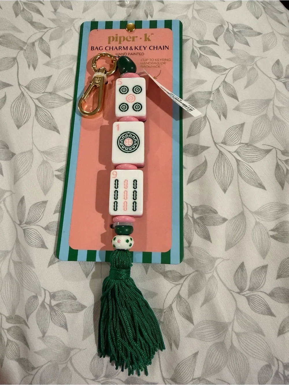 Piper Green & Pink Mahjong Tile Tassel Bag Charm Keychain